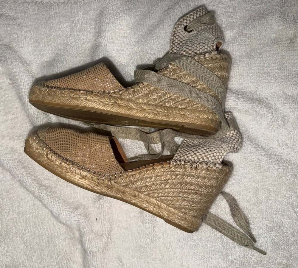 Wedge Espadrille Sandals Beige Rhinestone Tie-Up Size 6 Women